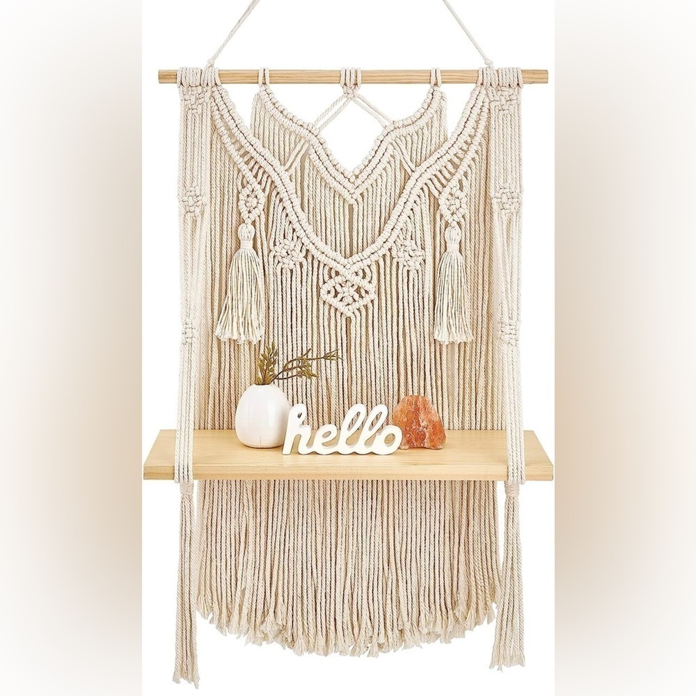 New Macrame Wall Hanging Shelf Boho Decor Wood Floating Shelf Nursey